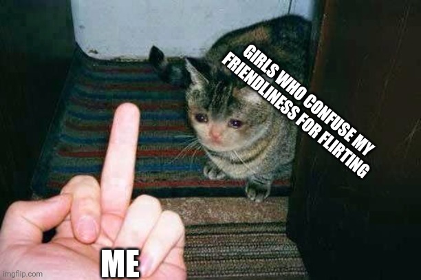 middle finger sad cat | GIRLS WHO CONFUSE MY FRIENDLINESS FOR FLIRTING; ME | image tagged in middle finger sad cat | made w/ Imgflip meme maker