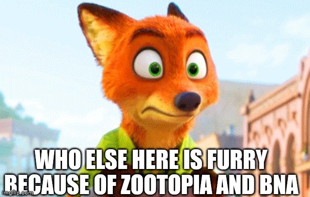 Zootopia Nick Awkward | WHO ELSE HERE IS FURRY BECAUSE OF ZOOTOPIA AND BNA | image tagged in zootopia nick awkward | made w/ Imgflip meme maker