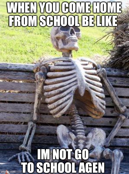 SCHOOL | WHEN YOU COME HOME FROM SCHOOL BE LIKE; IM NOT GO TO SCHOOL AGEN | image tagged in memes,waiting skeleton | made w/ Imgflip meme maker