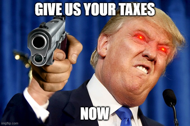Donald Trump | GIVE US YOUR TAXES; NOW | image tagged in donald trump,taxes,gun | made w/ Imgflip meme maker