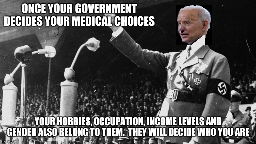 Never trust a biden |  ONCE YOUR GOVERNMENT DECIDES YOUR MEDICAL CHOICES; YOUR HOBBIES, OCCUPATION, INCOME LEVELS AND GENDER ALSO BELONG TO THEM.  THEY WILL DECIDE WHO YOU ARE | image tagged in biden hitler dictator,never trust a biden,never comply,democrat nazi's,america in decline,once we were free | made w/ Imgflip meme maker
