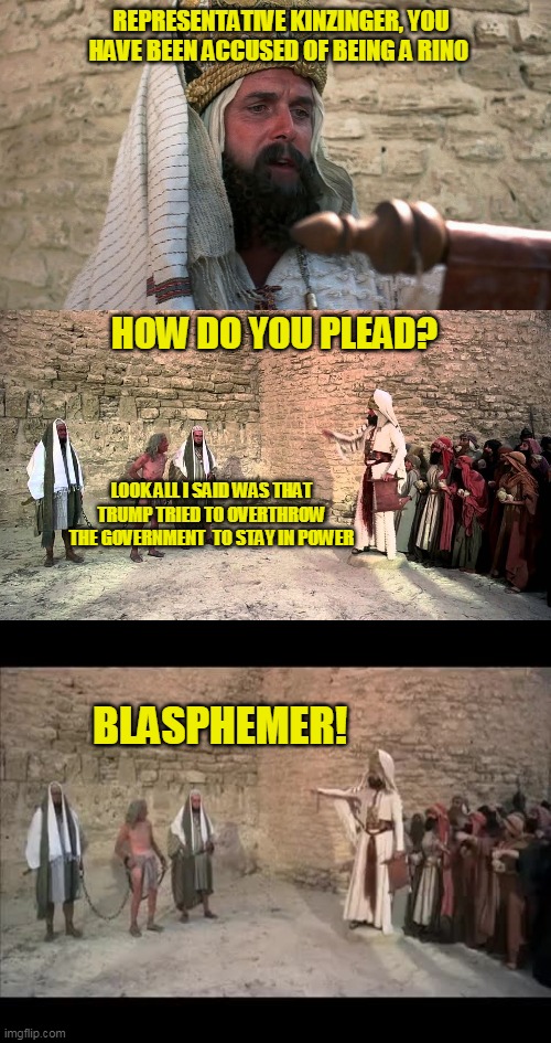 Their Orange God is more important than our democracy | REPRESENTATIVE KINZINGER, YOU HAVE BEEN ACCUSED OF BEING A RINO; HOW DO YOU PLEAD? LOOK ALL I SAID WAS THAT TRUMP TRIED TO OVERTHROW THE GOVERNMENT  TO STAY IN POWER; BLASPHEMER! | image tagged in trumps base are morons,there is no cure | made w/ Imgflip meme maker