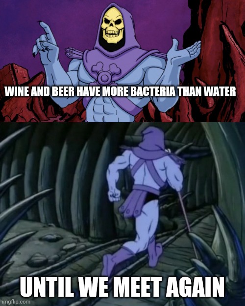 Skeletor until we meet again | WINE AND BEER HAVE MORE BACTERIA THAN WATER UNTIL WE MEET AGAIN | image tagged in skeletor until we meet again | made w/ Imgflip meme maker