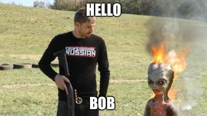 what happend to bob | HELLO; BOB | image tagged in alien,russian,gun | made w/ Imgflip meme maker