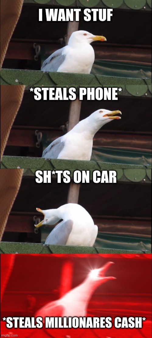 Inhaling Seagull Meme | I WANT STUF; *STEALS PHONE*; SH*TS ON CAR; *STEALS MILLIONARES CASH* | image tagged in memes,inhaling seagull | made w/ Imgflip meme maker