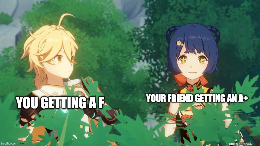 Relatable | YOU GETTING A F; YOUR FRIEND GETTING AN A+ | image tagged in genshin template | made w/ Imgflip meme maker