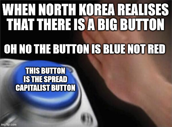The damned button is blue | WHEN NORTH KOREA REALISES THAT THERE IS A BIG BUTTON; OH NO THE BUTTON IS BLUE NOT RED; THIS BUTTON IS THE SPREAD CAPITALIST BUTTON | image tagged in memes,blank nut button,war,funny,north korea | made w/ Imgflip meme maker