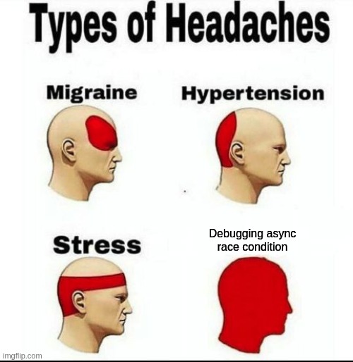 Debugging async race condition | Debugging async
race condition | image tagged in types of headaches meme | made w/ Imgflip meme maker