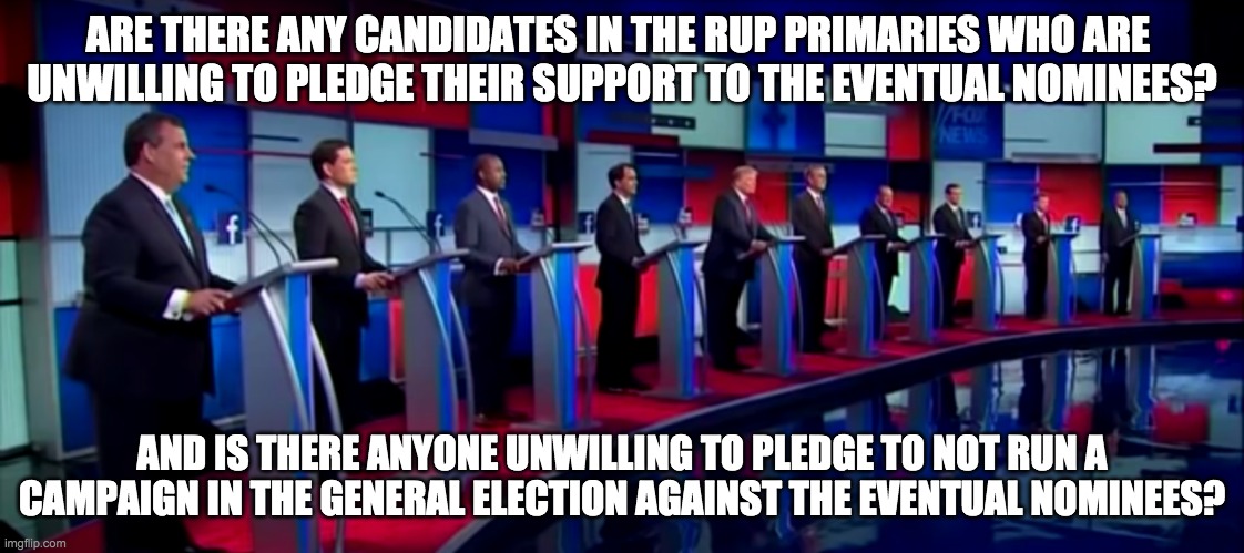 Please comment if you're an RUP primary candidate unwilling to support the eventual nominees should you lose. | ARE THERE ANY CANDIDATES IN THE RUP PRIMARIES WHO ARE 
UNWILLING TO PLEDGE THEIR SUPPORT TO THE EVENTUAL NOMINEES? AND IS THERE ANYONE UNWILLING TO PLEDGE TO NOT RUN A CAMPAIGN IN THE GENERAL ELECTION AGAINST THE EVENTUAL NOMINEES? | image tagged in hopefully everyone,will unite,behind the,eventual winners,of the,rup primaries | made w/ Imgflip meme maker