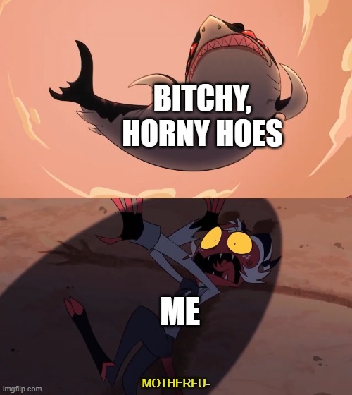 So true | BITCHY, HORNY HOES; ME | image tagged in moxxie vs shark | made w/ Imgflip meme maker