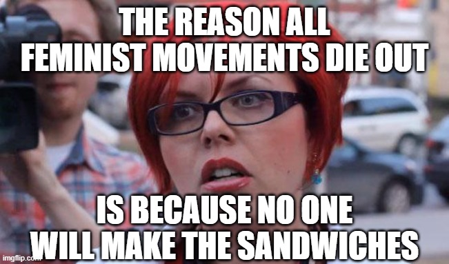 Angry Feminist | THE REASON ALL FEMINIST MOVEMENTS DIE OUT; IS BECAUSE NO ONE WILL MAKE THE SANDWICHES | image tagged in angry feminist | made w/ Imgflip meme maker