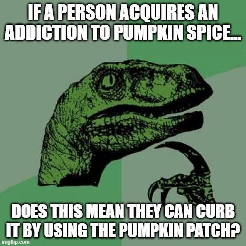 Welcome Fall |  IF A PERSON ACQUIRES AN ADDICTION TO PUMPKIN SPICE... DOES THIS MEAN THEY CAN CURB IT BY USING THE PUMPKIN PATCH? | image tagged in memes,philosoraptor | made w/ Imgflip meme maker