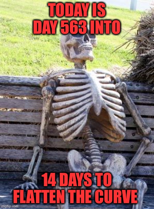 Waiting Skeleton | TODAY IS DAY 563 INTO; 14 DAYS TO FLATTEN THE CURVE | image tagged in memes,waiting skeleton | made w/ Imgflip meme maker