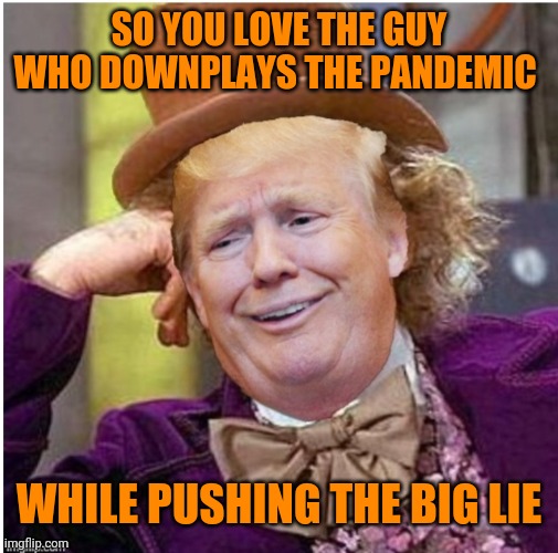 There's a reason diaper Don loves the poorly educated | SO YOU LOVE THE GUY WHO DOWNPLAYS THE PANDEMIC; WHILE PUSHING THE BIG LIE | image tagged in wonka trump | made w/ Imgflip meme maker