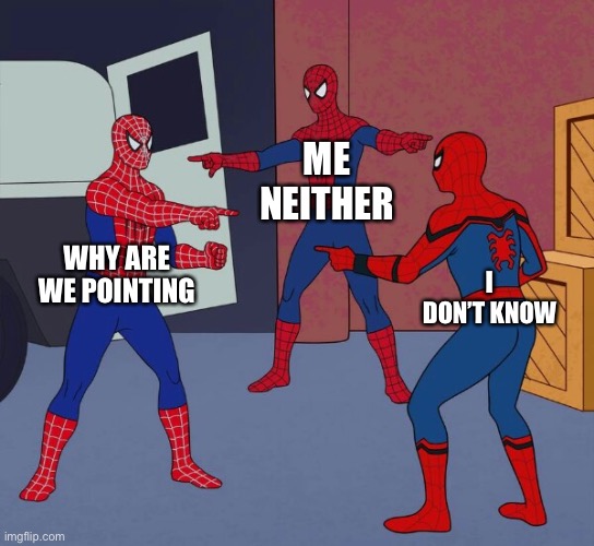 Spider Man Triple | ME NEITHER; WHY ARE WE POINTING; I DON’T KNOW | image tagged in spider man triple | made w/ Imgflip meme maker