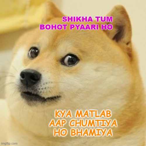 Doge Meme | SHIKHA TUM BOHOT PYAARI HO; KYA MATLAB AAP CHUMTIYA HO BHAMIYA | image tagged in memes,doge | made w/ Imgflip meme maker