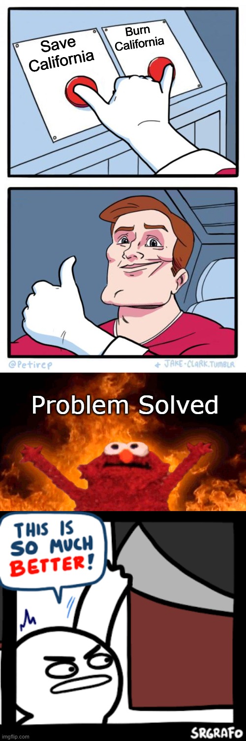 Burn California; Save California; Problem Solved | image tagged in both buttons pressed,elmo fire,so much better | made w/ Imgflip meme maker