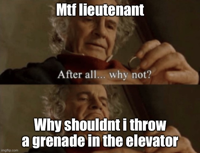 Hahahha grenade go brrrr | Mtf lieutenant; Why shouldnt i throw a grenade in the elevator | image tagged in after all why not | made w/ Imgflip meme maker