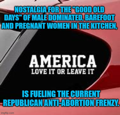 They support your "equal rights" to do what they say. | NOSTALGIA FOR THE "GOOD OLD DAYS" OF MALE DOMINATED, BAREFOOT AND PREGNANT WOMEN IN THE KITCHEN, IS FUELING THE CURRENT REPUBLICAN ANTI-ABORTION FRENZY. | image tagged in politics | made w/ Imgflip meme maker