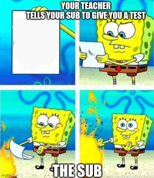 sponge bob letter burning | YOUR TEACHER 
TELLS YOUR SUB TO GIVE YOU A TEST; THE SUB | image tagged in sponge bob letter burning | made w/ Imgflip meme maker