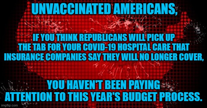 Republicans will act like they don't know you, just like they do the 1-6-21 Rioters | UNVACCINATED AMERICANS, IF YOU THINK REPUBLICANS WILL PICK UP THE TAB FOR YOUR COVID-19 HOSPITAL CARE THAT INSURANCE COMPANIES SAY THEY WILL NO LONGER COVER, YOU HAVEN'T BEEN PAYING ATTENTION TO THIS YEAR'S BUDGET PROCESS. | image tagged in politics | made w/ Imgflip meme maker