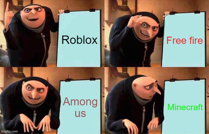 The game | Roblox; Free fire; Among us; Minecraft | image tagged in memes,gru's plan | made w/ Imgflip meme maker