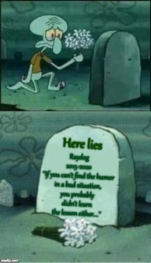 Here lies; Raydog
2015-2020
''If you can't find the humor in a bad situation, you probably didn't learn the lesson either....'' | image tagged in here lies x | made w/ Imgflip meme maker