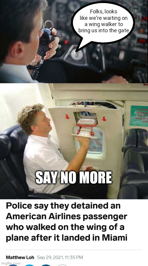 Crazy passengers again yesterday | Folks, looks like we're waiting on a wing walker to bring us into the gate; SAY NO MORE | image tagged in stupid people,passenger,american airlines,miami vice | made w/ Imgflip meme maker