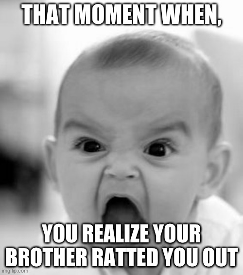 Angry Baby Meme | THAT MOMENT WHEN, YOU REALIZE YOUR BROTHER RATTED YOU OUT | image tagged in memes,angry baby | made w/ Imgflip meme maker