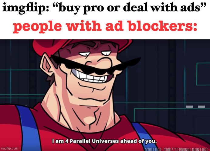 LOL | imgflip: “buy pro or deal with ads”; people with ad blockers: | image tagged in mario i am four parallel universes ahead of you | made w/ Imgflip meme maker