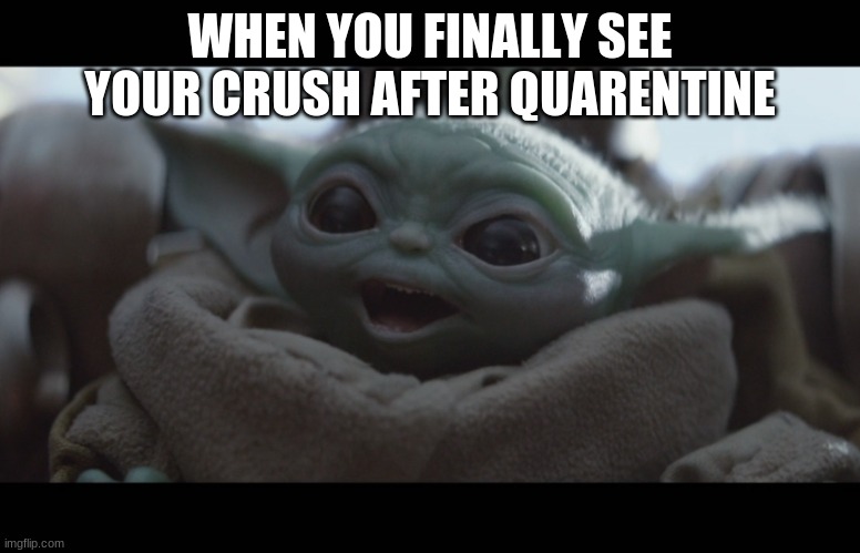 Laughing Baby Yoda | WHEN YOU FINALLY SEE YOUR CRUSH AFTER QUARENTINE | image tagged in laughing baby yoda | made w/ Imgflip meme maker