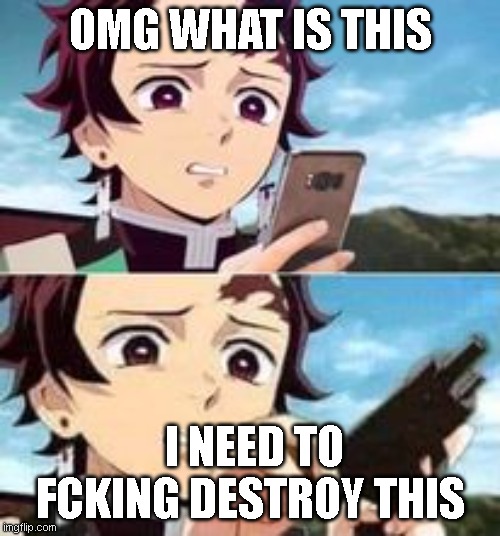 tanjiro digusted face | OMG WHAT IS THIS; I NEED TO FCKING DESTROY THIS | image tagged in tanjiro | made w/ Imgflip meme maker