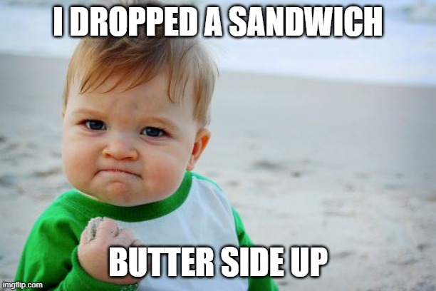 Success Kid Original | I DROPPED A SANDWICH; BUTTER SIDE UP | image tagged in memes,success kid original | made w/ Imgflip meme maker