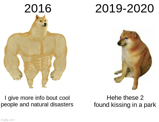 Good ol' days.. | 2016; 2019-2020; I give more info bout cool people and natural disasters; Hehe these 2 found kissing in a park | image tagged in memes,buff doge vs cheems | made w/ Imgflip meme maker