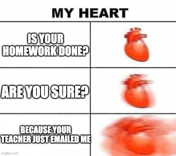 lol | IS YOUR HOMEWORK DONE? ARE YOU SURE? BECAUSE YOUR TEACHER JUST EMAILED ME | image tagged in my heart blank | made w/ Imgflip meme maker