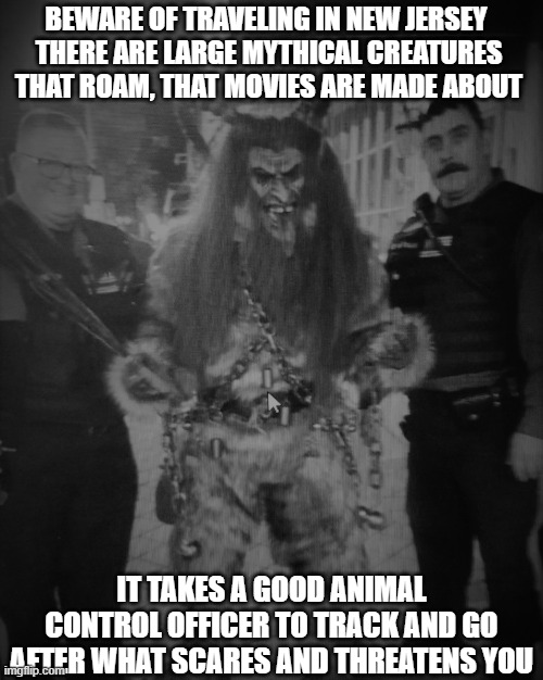 Creatures in New Jersey are real | BEWARE OF TRAVELING IN NEW JERSEY 
THERE ARE LARGE MYTHICAL CREATURES THAT ROAM, THAT MOVIES ARE MADE ABOUT; IT TAKES A GOOD ANIMAL CONTROL OFFICER TO TRACK AND GO AFTER WHAT SCARES AND THREATENS YOU | image tagged in animal control,myth,monsters,creatures,new jersey,animal rescue | made w/ Imgflip meme maker