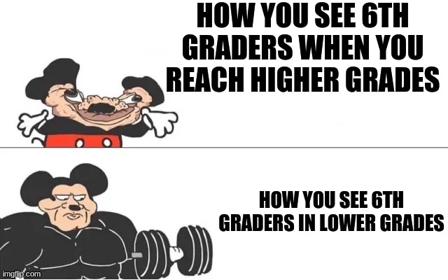 Honestly, I miss my 6th grade class | HOW YOU SEE 6TH GRADERS WHEN YOU REACH HIGHER GRADES; HOW YOU SEE 6TH GRADERS IN LOWER GRADES | image tagged in mickey mouse drake | made w/ Imgflip meme maker