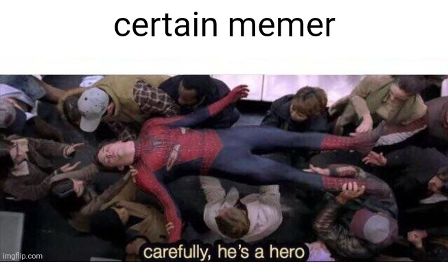 Carefully he's a hero | certain memer | image tagged in carefully he's a hero | made w/ Imgflip meme maker