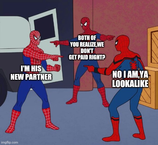 Spider Man Triple | BOTH OF YOU REALIZE,WE DON'T GET PAID RIGHT? I'M HIS NEW PARTNER; NO I AM,YA LOOKALIKE | image tagged in spider man triple | made w/ Imgflip meme maker