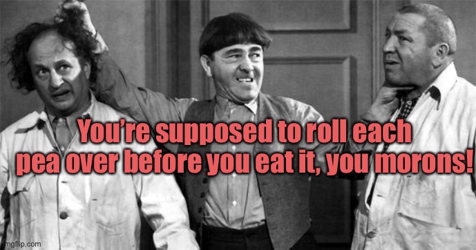 Three Stooges | You’re supposed to roll each pea over before you eat it, you morons! | image tagged in three stooges | made w/ Imgflip meme maker