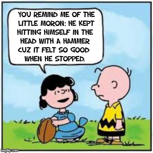 Should Charlie Brown keep believing Lucy will not pull the ball away? |  YOU REMIND ME OF THE
LITTLE MORON: HE KEPT; HITTING HIMSELF IN THE
HEAD WITH A HAMMER
CUZ IT FELT SO GOOD 
WHEN HE STOPPED. | image tagged in vince vance,memes,peanuts,optimism,charlie brown football,pessimism | made w/ Imgflip meme maker