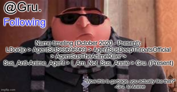 from 11 Months Ago to 15 Days Ago. Aaaah the sweet memories. | Name timeling (October 2020 - Present): LDoidjo > AgentSUS69696969 > AgentSusDeepThroatsOfficial > AgentSusTheAnimeKiller > Sus_Anti-Anime_Agent > I_Am_Not_Sus_Annie > Gru. (Present) | image tagged in gru has something to say | made w/ Imgflip meme maker