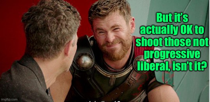 Thor is he though | But it’s actually OK to shoot those not progressive liberal, isn’t it? | image tagged in thor is he though | made w/ Imgflip meme maker