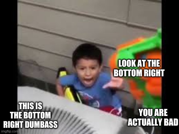 nerf shoot on crying kid | LOOK AT THE BOTTOM RIGHT; THIS IS THE BOTTOM RIGHT DUMBASS; YOU ARE ACTUALLY BAD | image tagged in nerf shoot on crying kid | made w/ Imgflip meme maker