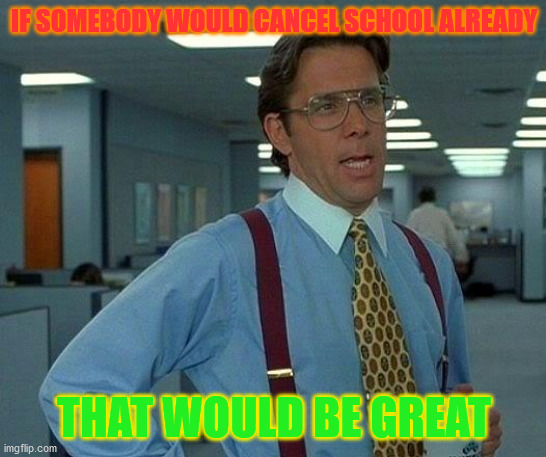 CANCEL SCHOOL ALREADY PLS!!!!!!!!!!!! | IF SOMEBODY WOULD CANCEL SCHOOL ALREADY; THAT WOULD BE GREAT | image tagged in memes,that would be great | made w/ Imgflip meme maker