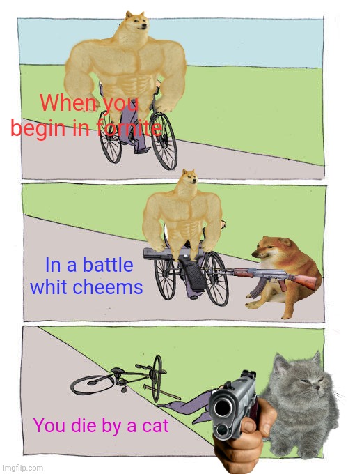 Re | When you begin in fornite; In a battle whit cheems; You die by a cat | image tagged in memes,bike fall | made w/ Imgflip meme maker