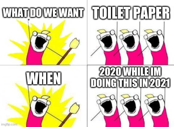 What Do We Want Meme | WHAT DO WE WANT TOILET PAPER WHEN 2020 WHILE IM DOING THIS IN 2021 | image tagged in memes,what do we want | made w/ Imgflip meme maker