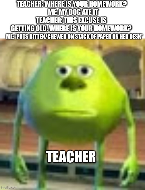 Me in 4th garde: | TEACHER: WHERE IS YOUR HOMEWORK? ME: MY DOG ATE IT; TEACHER: THIS EXCUSE IS GETTING OLD. WHERE IS YOUR HOMEWORK? ME: *PUTS BITTEN/CHEWED ON STACK OF PAPER ON HER DESK*; TEACHER | image tagged in sully wazowski | made w/ Imgflip meme maker