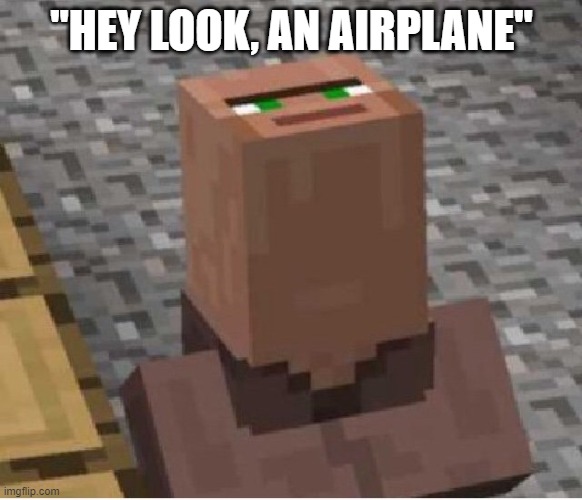Minecraft Villager Looking Up | "HEY LOOK, AN AIRPLANE" | image tagged in minecraft villager looking up | made w/ Imgflip meme maker