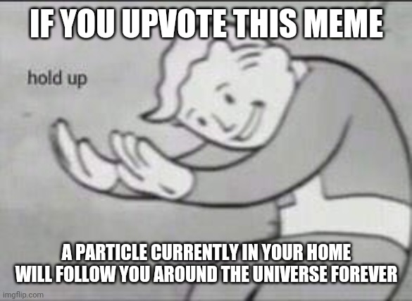 Or that porche you were eyeing. | IF YOU UPVOTE THIS MEME; A PARTICLE CURRENTLY IN YOUR HOME WILL FOLLOW YOU AROUND THE UNIVERSE FOREVER | image tagged in fallout hold up | made w/ Imgflip meme maker